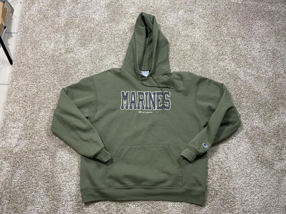 Champion Hoodie Mens L Green Marines Graphic Fleece Pullover Sweatshirt USMC